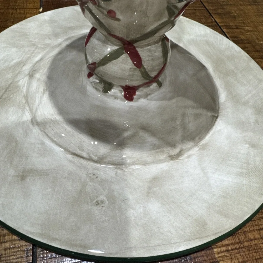 Hand Painted Christmas Holly  & Berries Cake Dessert Stand Platter‎ New 11